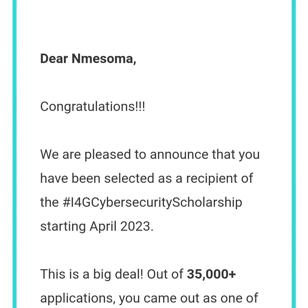 NmesomaMarie's tweet photo. I woke up to good news earlier this week ☺️🔥 that I won the #I4GCybersecurityScholarship. I'll be embarking on a journey to learn social Cybersecurity and how to build a career in it with @ingressive4Good and @Cisco
#tech #cybersecuritytraining #ingressiveforgood #training https://t.co/nsS45NB9Qd