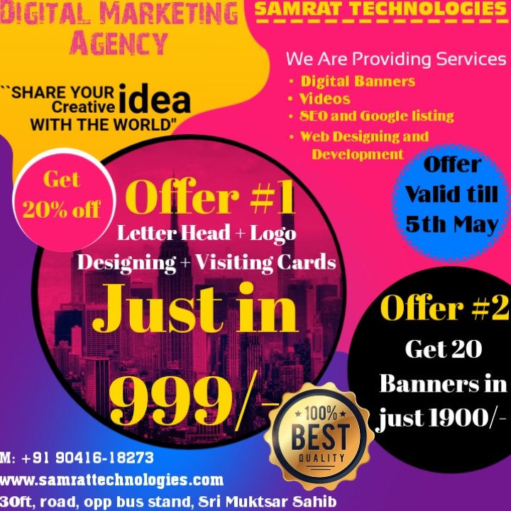 ✨Don't Waste Your Time✨
👉🏻Get 20% Discount on 20 Banners in just 1900/-😍
👉🏻Offer valid till 5th MAY
👉🏻Hurry up Book Your Package Today

🎯Samrat Technologies Digital and Developing company
#digitalbanner
#videoediting
#logodesining
#linkedinforbusiness
#googlebusinesslisting