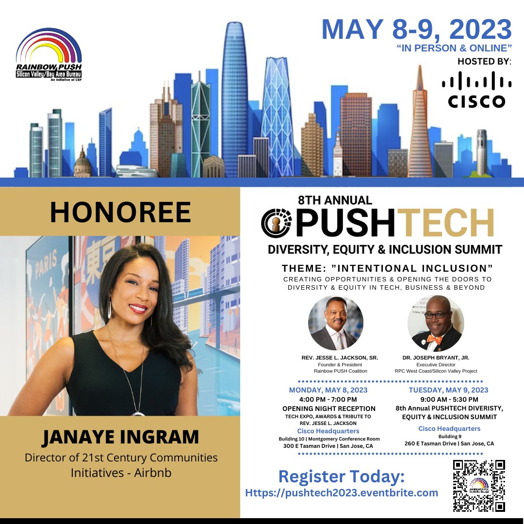 We are excited to honor @janaye_ingram from @airbnb during our "Keep Hope Alive” Kickoff Reception for 8th Annual PUSHTECH Summit hosted by @cisco.
🎫🎫 pushtech2023.eventbrite.com
SPECIAL TRIBUTE @revjjackson
#diversityintech #inclusion #tech #networking #bayarea #siliconvalley