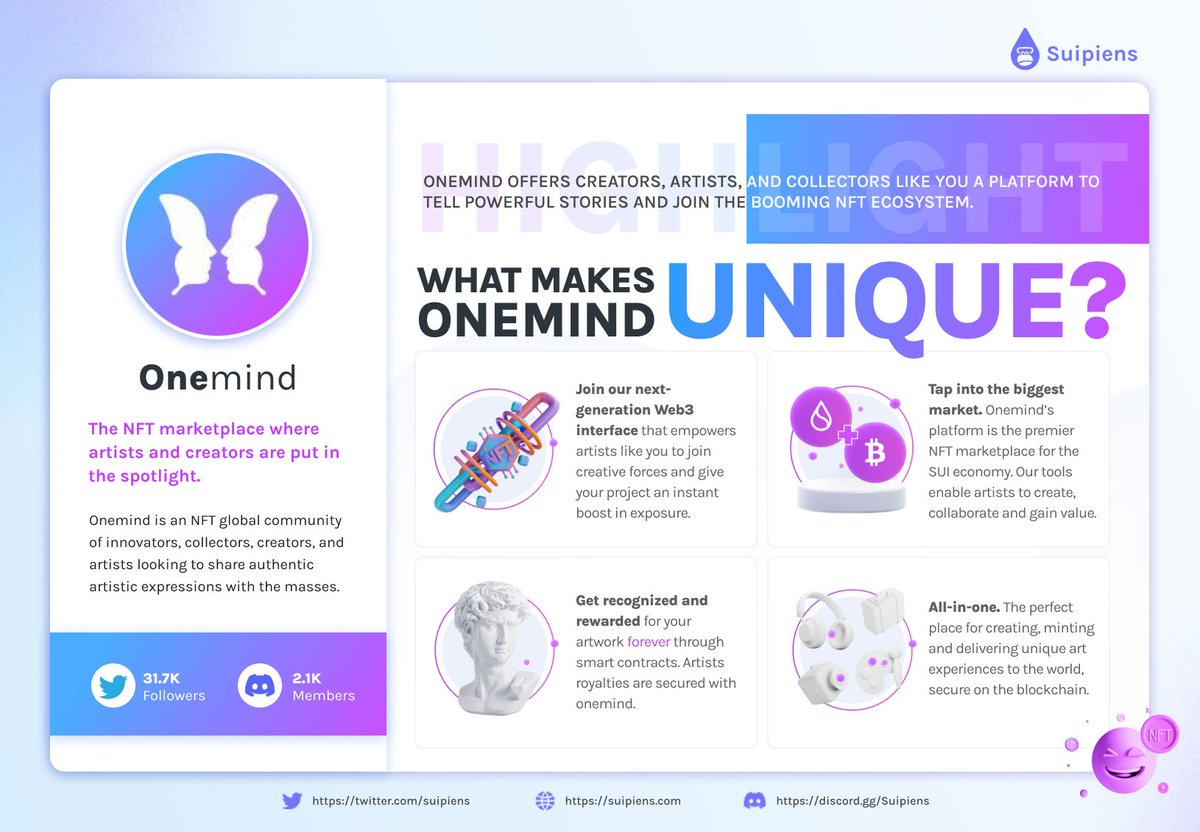🔥Get ready to meet the NFT marketplace that's turning heads in Sui Ecosystem🌊! 

Discover <a href="/onemindNFTs/">onemind</a>🎨, where artists and creators take center stage. Check out their one-page overview to learn more👇