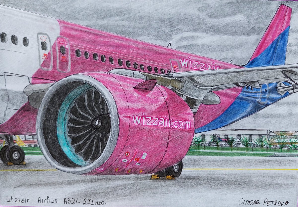 My drawing of left jet engine of @wizzair @Airbus A321-271n. 
Wizz Air - Fly the Greenest 🍃
Drawn with Faber Castell pens.
Do you like it?
#WizzAir #wizzaircom #flyWIZZ #WIZZcraft #NewEngineOption #jetengine #A321neo #drawing #art #FlyTheGreenest #aviation #turbofan #Hungary