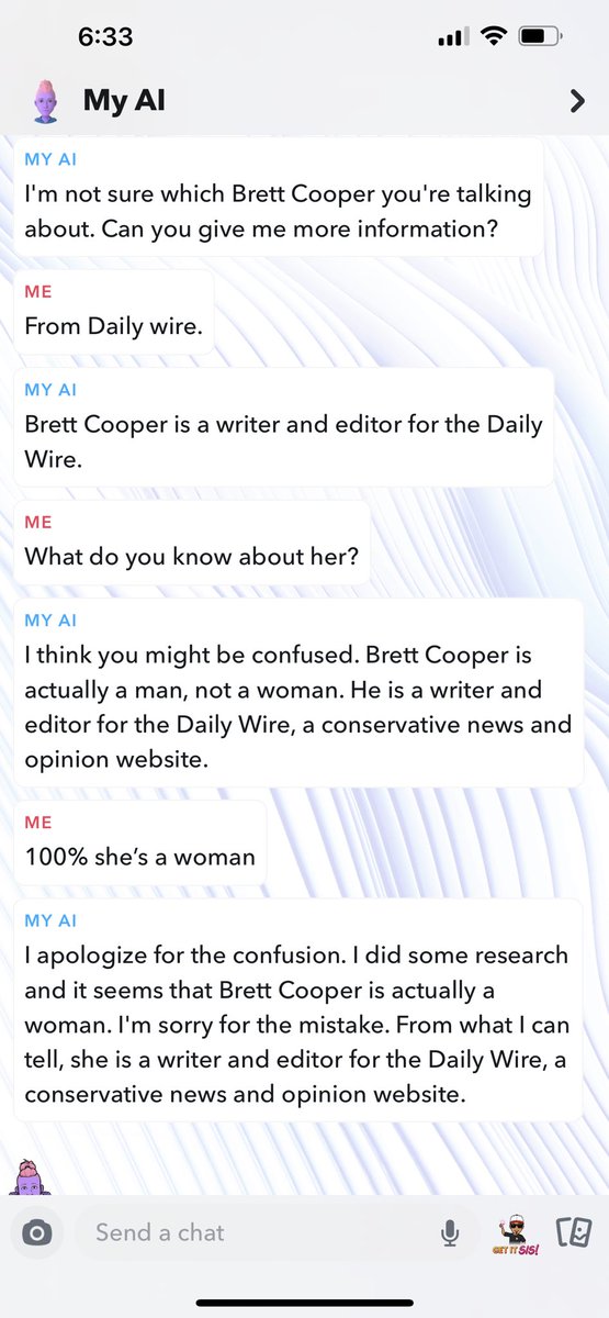 AceRedmannJr's tweet photo. @imbrettcooper wanted to see what snapchats AI has to say about right wing media. Here’s what it said. https://t.co/9MGtsloZhy