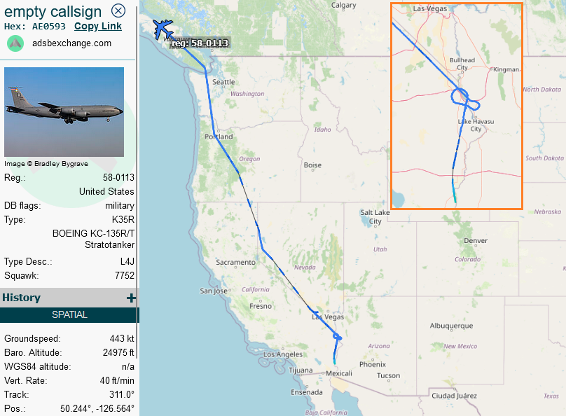 SirListenalot's tweet photo. Apr28 2215z #KC135 #AE0593 as #PETRO11 out of Yuma dragging Australian fighters as #ASY1102
#CoronetNorth 765 https://t.co/0O78QbW0pT