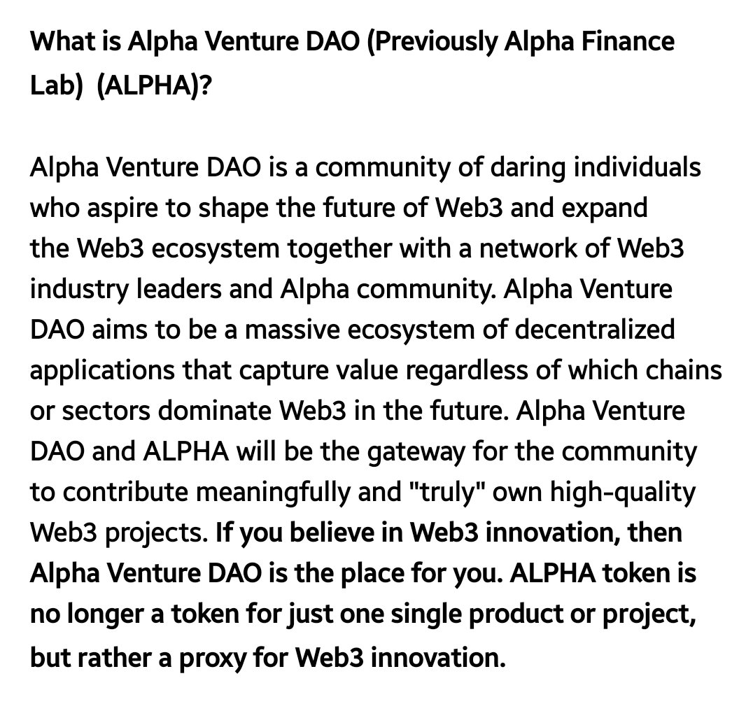 AskToRahulSingh's tweet photo. #ALPHA #AlphaVentureDAO
@AlphaVentureDAO

Alpha Venture DAO, founded in 2020, It's very good project in #DAO #DaApps &amp; #Web3 Injective Protocols, If you are #Web3 lover then it's the best project to invest.

If it's Breaks previous #AllTimeHigh then you easily earn 20x-25x.
#DYOR https://t.co/XwthIOY873