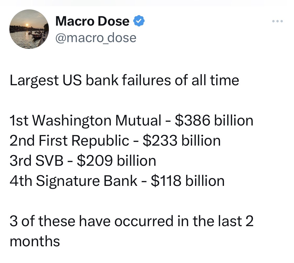 WallStreetMav's tweet image. 3 of the 4 largest bank failures of all time have happened in the past two months. 

Washington Mutual amount is adjusted for inflation. 

The banking issues are not over and the Fed is hiking rates 🤔