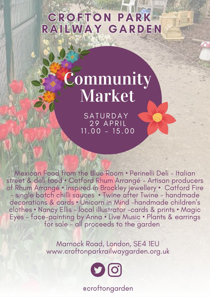 Yippee ! It’s market day. From 11am. We have delicious food by <a href="/blueroom0112/">The Blue Room</a> <a href="/perinellideli/">Perinelli Deli</a> <a href="/CatfordRhum/">Catford rhum Arrange</a> <a href="/catfordfire/">catfordfire</a> Great Music by <a href="/Sam__Wilkinson/">Sam Wilkinson</a> <a href="/giveasongcic/">Give a Song CIC</a>. #facepainting #craft by <a href="/NancyEllisUK/">NancyEllis.co.uk</a> &amp;many more. #plants #earings #kidsclothes &amp; beautiful spring garden 🌷 🌼