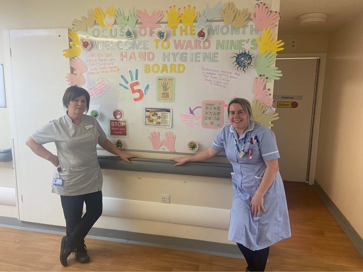 Well done Hannah (IPC link nurse) &amp; Mary for completing our hand hygiene board it looks fabulous #handhygeineday ⁦@ruddock_adam⁩ ⁦<a href="/DavWhitelock/">David</a>⁩ ⁦@BethSwanson6⁩ ⁦<a href="/ward9jcuh/">Ward9jcuh</a>⁩