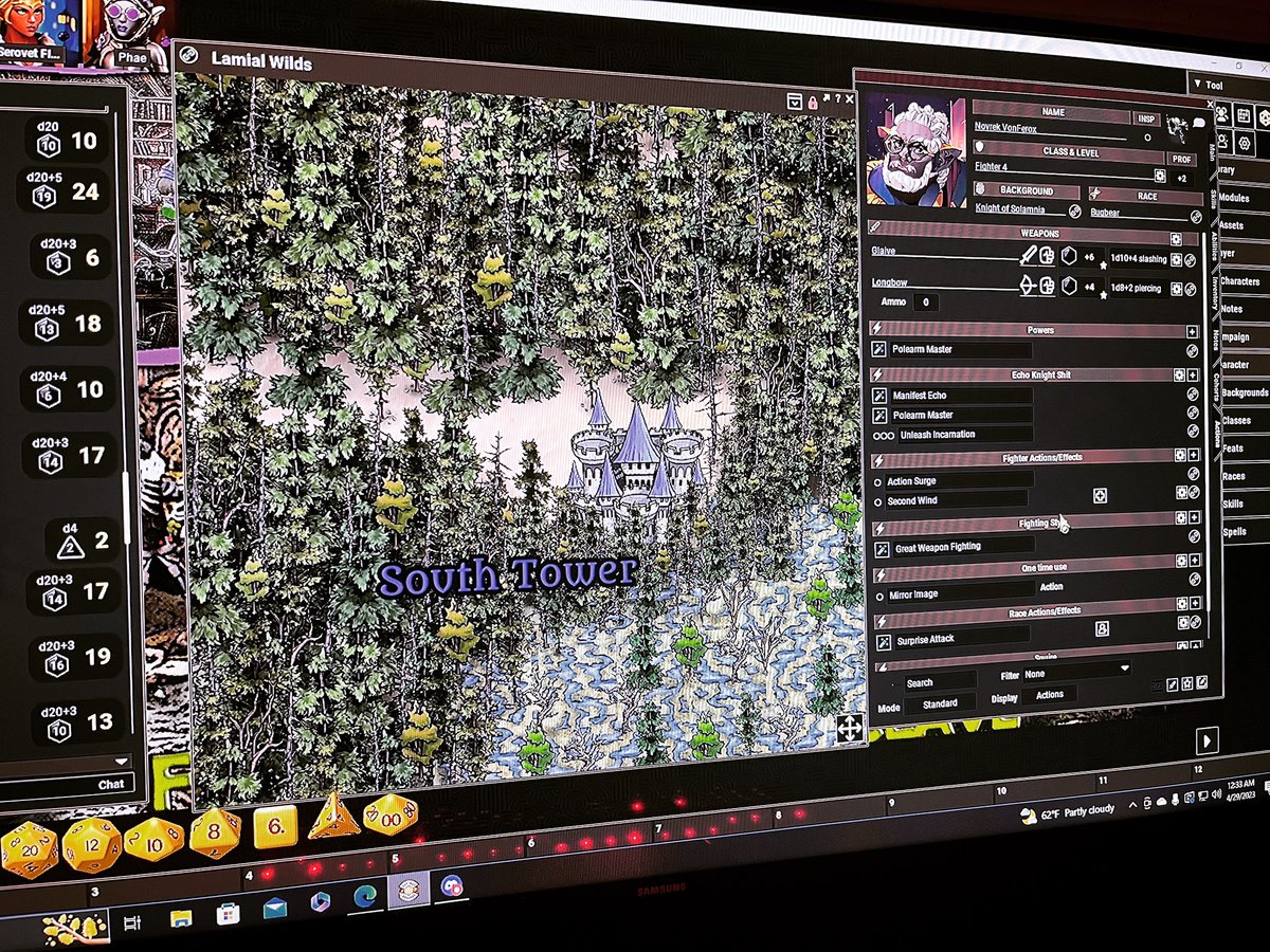 Absolute blast tonight! RP-heavy night  3 of our campaign: “Beyond the Last Redoubt.” Seasnakeet Festival of the Moon at the South Tower of the Liminal Winds! A trial to determine which accused criminal would be liberated. So much fun! Thanks to <a href="/FantasyGrounds2/">Fantasy Grounds VTT</a> for the platform
