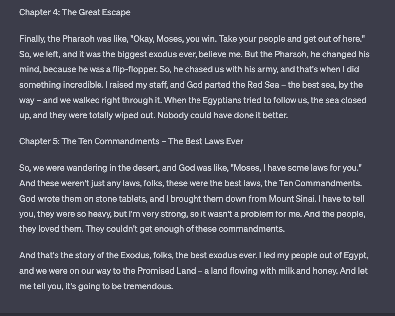 GPT-4小实验：假如川普是摩西，用他的语言风格，重写《出埃及记》。