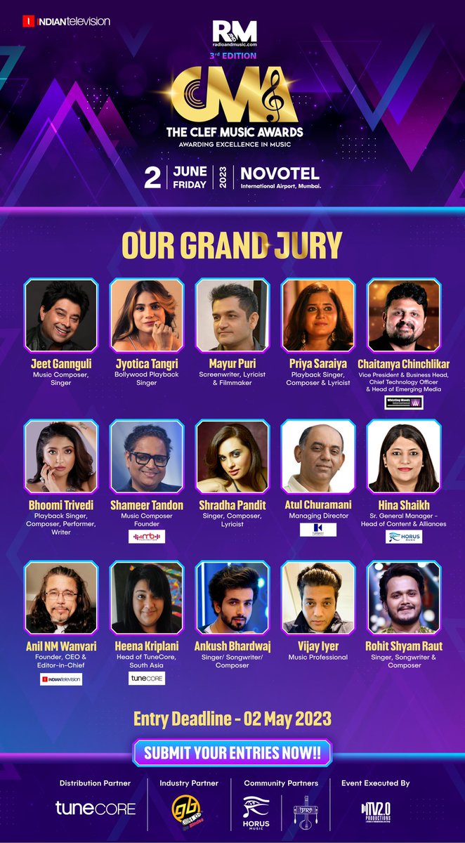 Unveiling our Grand Jury for the 3rd edition of The Clef Music Awards 2023! @ITVNewz Date: 02 June 2023 Venue: Novotel International Airport, Mumbai | Entry Deadline 02 May 2023 | Submit Entries: events.indiantelevision.com/the-clef-music… For More Info: radioandmusic.com/clefmusicaward… #CMA2023