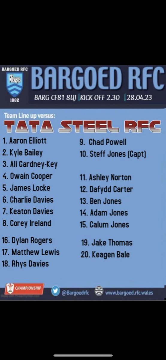 Game Day
<a href="/Bargoedrfc/">BargoedRFC 🏉</a> v <a href="/tatarugby/">TATA STEEL RFC</a> 
Get up the park to watch the boys.
Most of the team selected today have come through the mini section of the club.
Good luck all💪🏽💪🏽