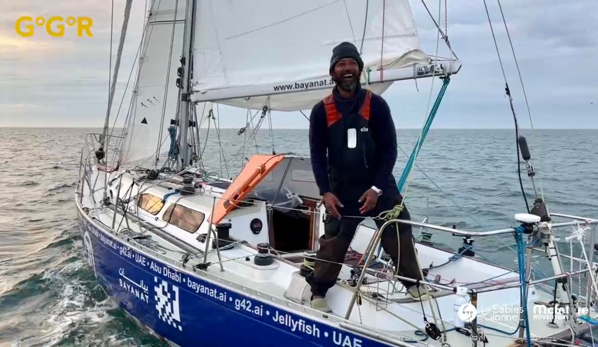 Abhilash Tomy / Bayanat crossed the finish line at 0446 UTC, finished his 2nd time solo non stop around the world journey, he at 2nd in #GGR2022 Race. He thanks Les Sables, and his sponsor Bayanat.AI . Congraturation Abhilash!!!
