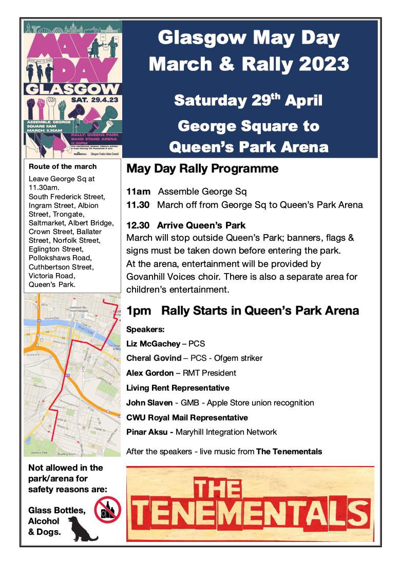 Glasgow Trade Unions (@glasgowtuc) on Twitter photo This years Glasgow May Day March is being led by our city’s striking <a href="/PCS_Scotland/">PCS Scotland</a> members ⚡️💪🏾 and by <a href="/Glasgow_LR/">Living Rent Glasgow</a> who are at the forefront of building working class power in our communities. 🚩 Join us at 11am this morning at George Square! 🥾 This years Glasgow May Day March is being led by our city’s striking <a href="/PCS_Scotland/">PCS Scotland</a> members ⚡️💪🏾 and by <a href="/Glasgow_LR/">Living Rent Glasgow</a> who are at the forefront of building working class power in our communities. 🚩 Join us at 11am this morning at George Square! 🥾