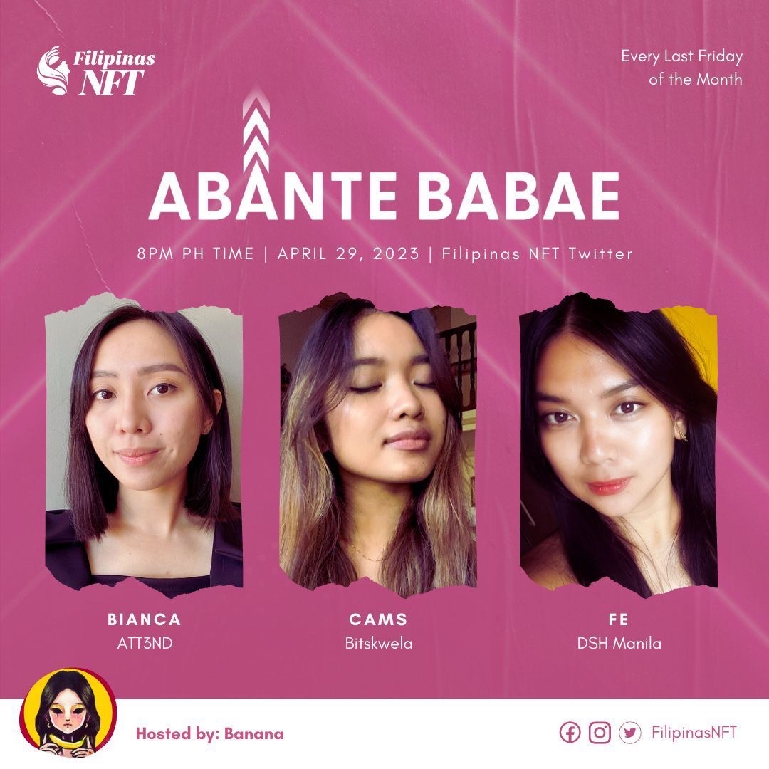 🚨 TONIGHT at 8PM! 🚨 

#AbanteBabae Twitter space featuring <a href="/bumb1ebee_/">Bianca | YGG 🛡️⚔️</a> of <a href="/att3ndnow/">ATT3ND 🌐</a>, <a href="/fe_almodiel/">Fe Almodiel</a> of @DSHmanila, and Cams of <a href="/bitskwela/">Bitskwela 🇵🇭</a>! 

Hosted by <a href="/banana_cultist/">🍌</a>

SET REMINDERS: buff.ly/3LfFmIL