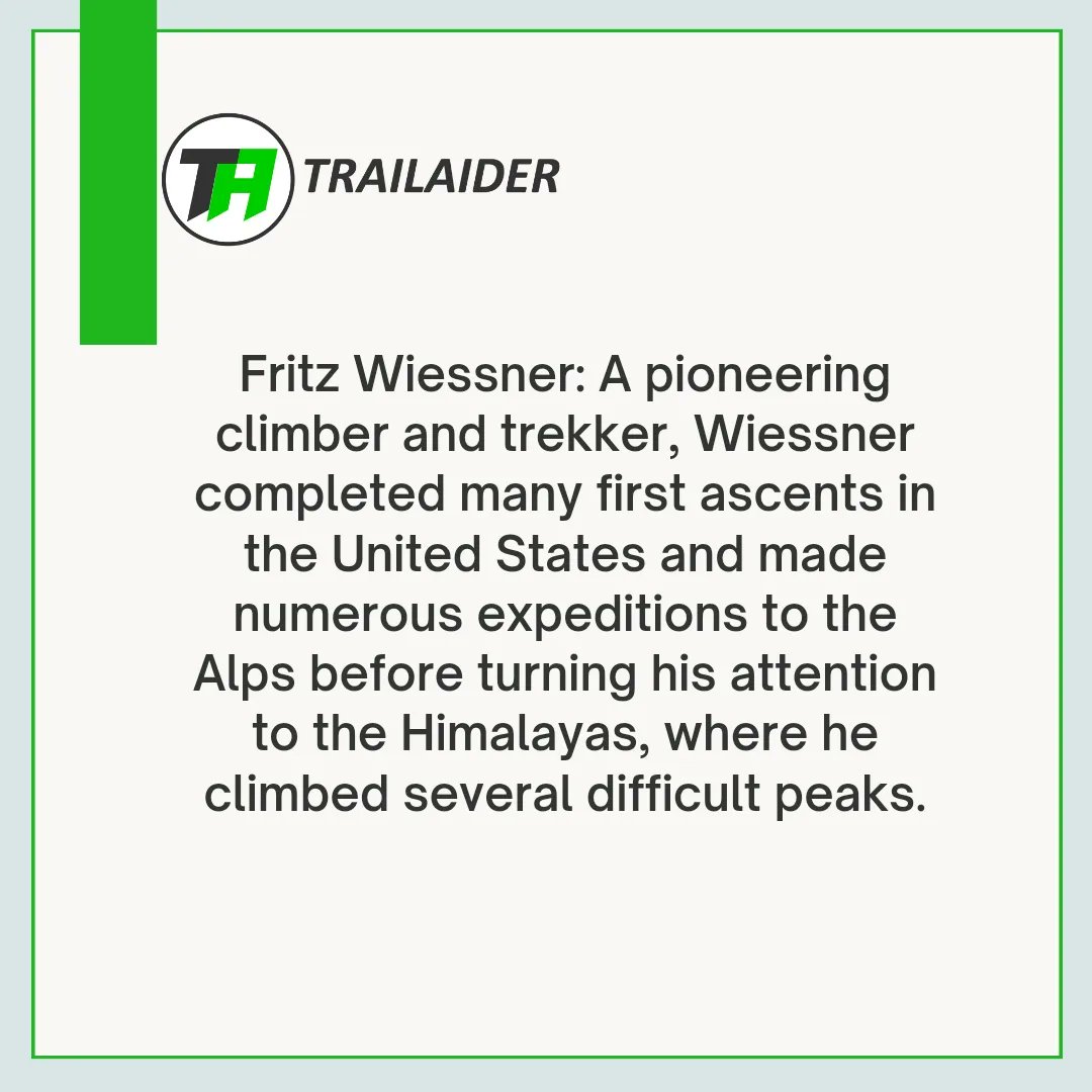 Fritz Wiessner completed many first ascents in the #UnitedStates and made numerous expeditions to the #Alps before turning his attention to the #Himalayas, where he climbed several difficult peaks.
#mountains #Trekking #treksandtrekkers #trailaider