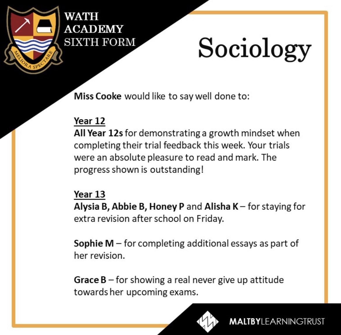 Wath_RSS's tweet photo. Well done to all our fantastic Key Stage 5 students @Wath_SixthForm who continue to impress their subject teachers #growthmindset #noexcuses #NeverGiveUp #highestexpectations #worldclasslearning #everyoneisvalued ⭐️⭐️ https://t.co/UzYAQuvsop