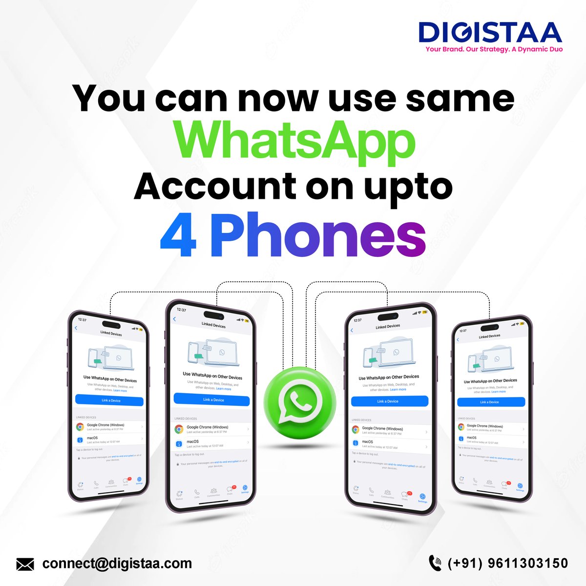 digistaa's tweet photo. WhatsApp has finally rolled out one of its biggest features for both Android and iOS. Announcing the ability to link one WhatsApp account on multiple devices, WhatsApp now allows users to link one WhatsApp account to multiple phones and use them at the same time. https://t.co/SlpkLX5oE5