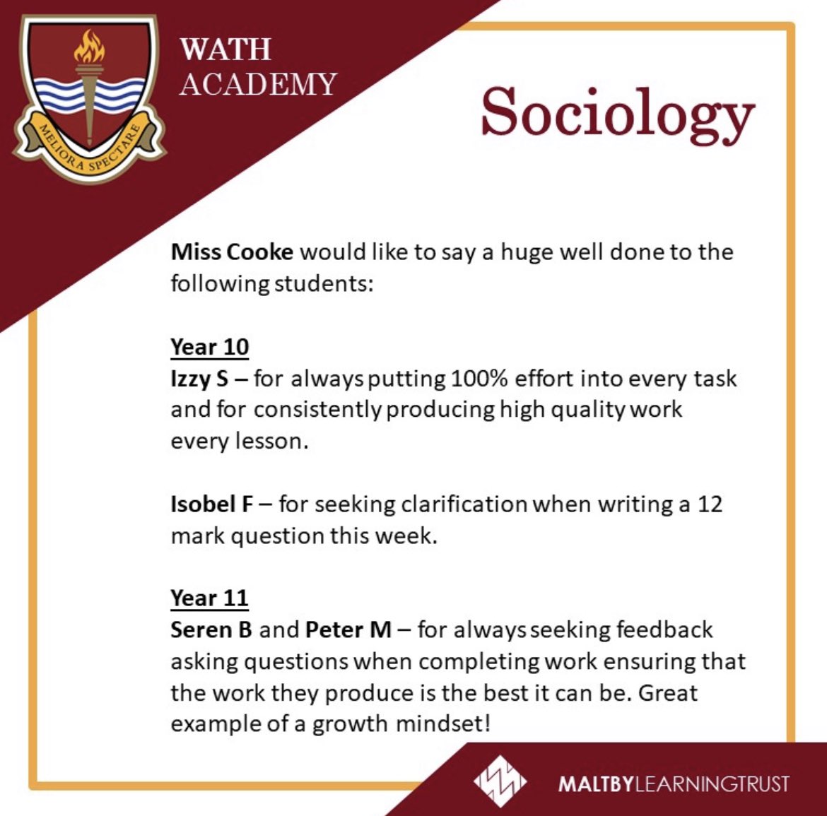Wath_RSS's tweet photo. Well done to our Key Stage 3 and 4 students @WathAcademy. Keep up the great work! #noexcuses #nevergiveup #growthmindset #highestexpectations #everyoneisvalued #worldclasslearning https://t.co/k62h3zGXRk