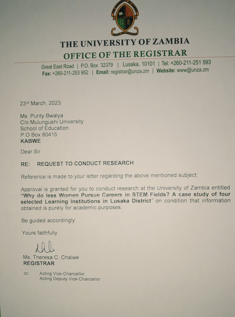 STEMPractitions's tweet photo. We are super excited to share with you that the "University of Zambia (UNZA)" permitted us to conduct our research.

Our chief research coordinator "Dr. Purity BS", she's set to collect the data on Tuesday.
#STEMPractitioners
#STEMinZambia https://t.co/vTKfiloune