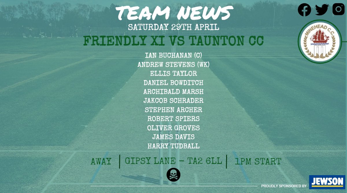 MineheadCricket's tweet photo. 🏏 Our first playing XI of 2023 🏏

📆 Saturday 29th April

🆚 Taunton CC (friendly)

📍 Gipsy Lane, TA2 6LL

⏰ 1pm start

#UTP🏴‍☠️ https://t.co/NPwqjPl9Qg