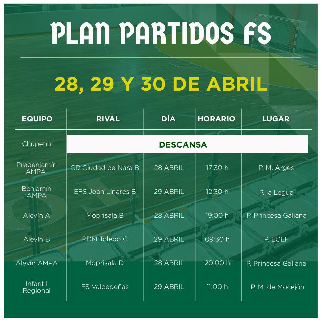 FS_Toledo's tweet photo. Plan de partidos del #CDToledoFS para este fin de semana. 

¡VAMOS, VAMOS, VAMOS! 🫡

#SiempreCDToledo 💚⚪ https://t.co/G6ivSQoUtC