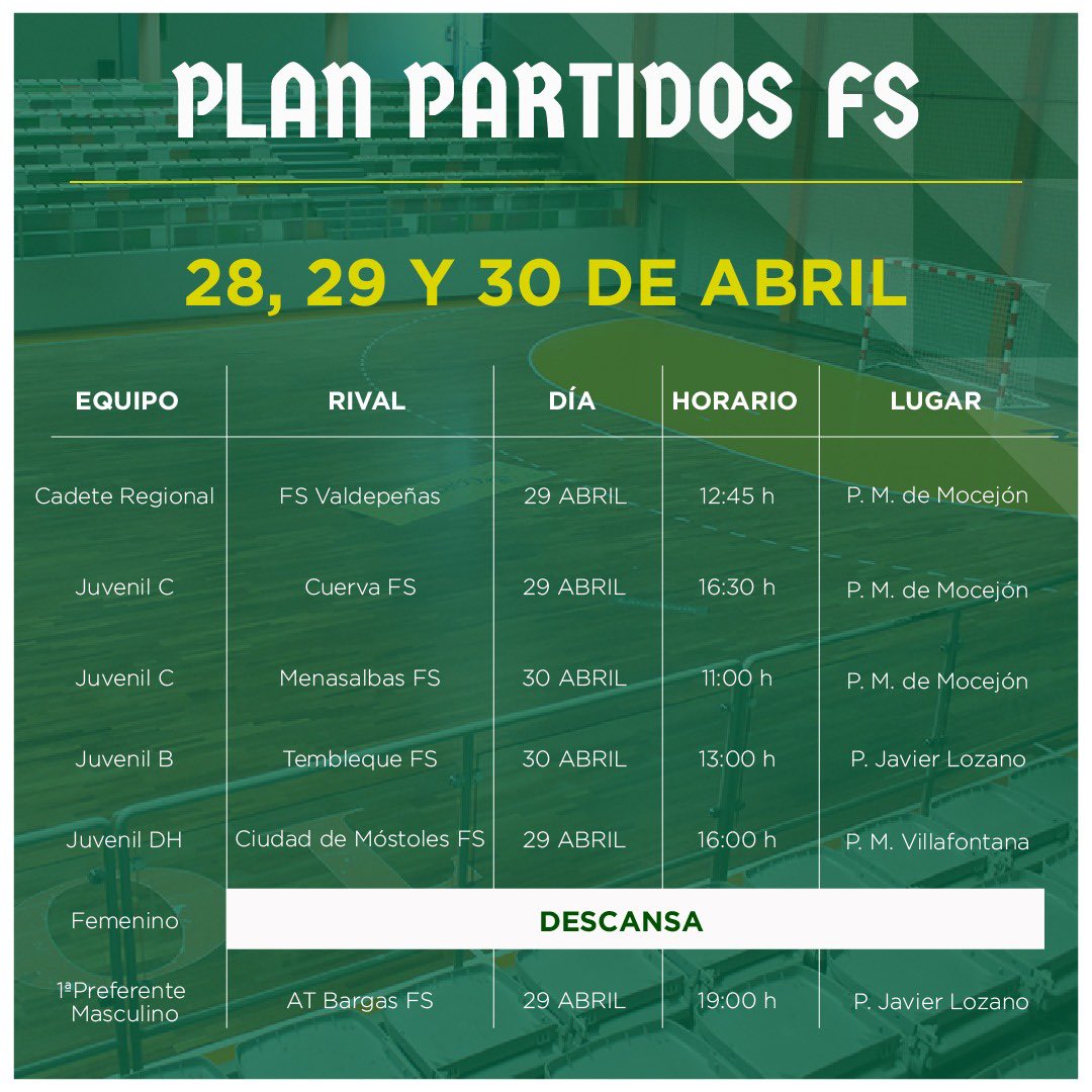 FS_Toledo's tweet photo. Plan de partidos del #CDToledoFS para este fin de semana. 

¡VAMOS, VAMOS, VAMOS! 🫡

#SiempreCDToledo 💚⚪ https://t.co/G6ivSQoUtC