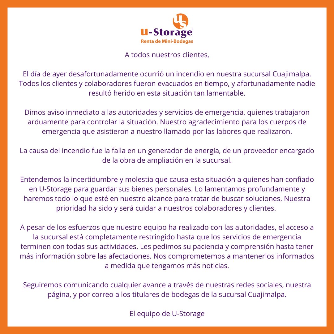 ustoragemx's tweet photo. A todos nuestros clientes,
Comunicado sobre el incendio que ocurrió el día de ayer en nuestra sucursal Cuajimalpa.
El equipo de U-Storage
#SantaFe #Cuajimalpa #Incendio #UStorage https://t.co/OAfcmAKGJK