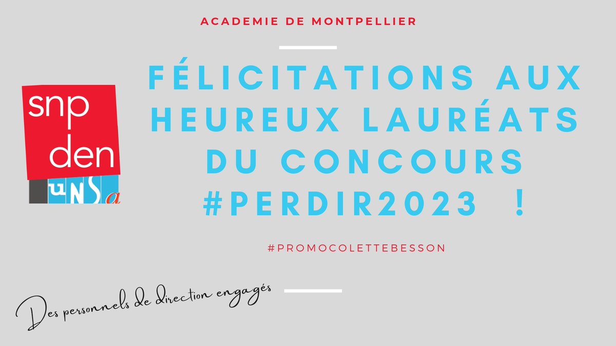 SnpdenMTP's tweet photo. @snpden félicitations aux lauréats concours #perdir . Toute l équipe académique avec @mar_florent est disponible pour vous accompagner. #CRPD2023 #CRPD #promotioncolettebesson https://t.co/0omXH19BqA
