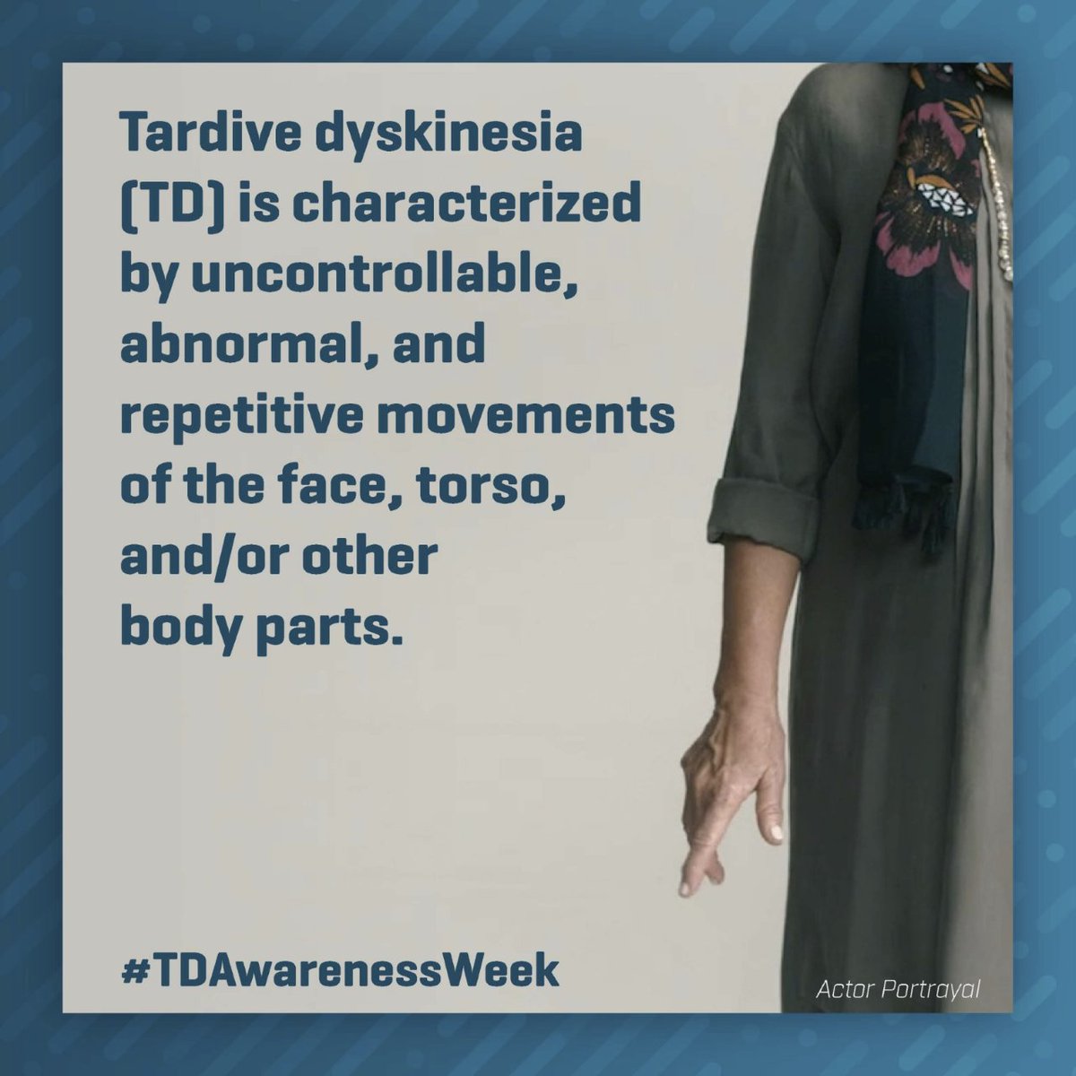 NAMIWhatcom's tweet photo. In recognition of #TDAwarenessWeek, let’s dive into what TD is –

Tardive Dyskinesia (TD) is an involuntary movement disorder, impacting about 600,000 people in the U.S. alone.

Feel free to check out https://t.co/ONUBfrkIy5 for more info!
#TalkAboutTD @neurocrine https://t.co/r7xx8jTn6H