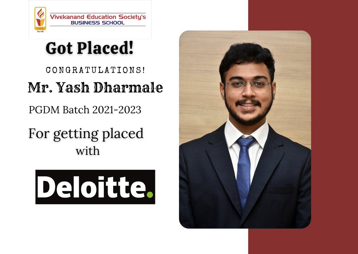 vbs_mumbai's tweet image. Success Story!! 
VBS enthusiastically congratulates Mr. Yash Dharmale (Batch 2021-23) for his placement with 'DELOITTE' Best Wishes for a Happy and Successful future. 
#VBS #vbsplacements #PGDMplacements #placements2023 #MBA #MBAplacements #vivekanandcollege #vbspgdm #MBAcollege