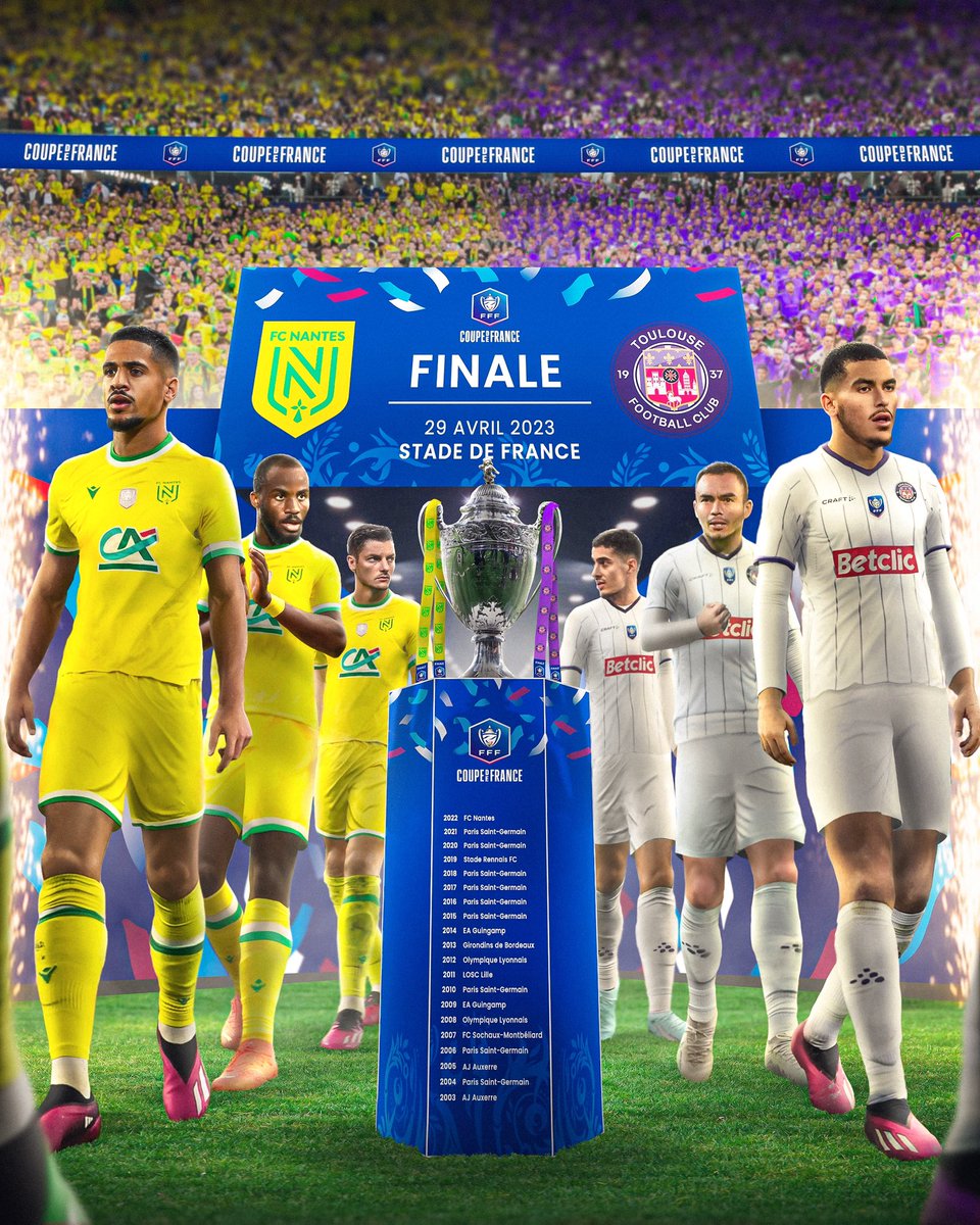 𝑳’𝒆𝒏𝒕𝒓𝒆́𝒆 𝒅𝒆𝒔 𝒂𝒓𝒕𝒊𝒔𝒕𝒆𝒔 ! Hâte d’y être 🤩🔥

🏆 Finale de la #CoupeDeFrance
🟡 <a href="/FCNantes/">FC Nantes</a> 🆚 <a href="/ToulouseFC/">Toulouse FC</a> 🟣
🏟️ Stade de France
⏰ 21h00
📺 France 2 &amp; beIN SPORTS 1
#️⃣ #FCNTFC