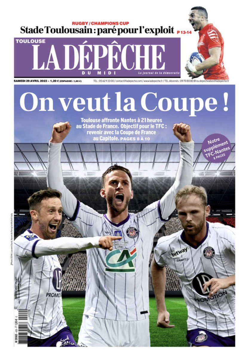 La une de <a href="/ladepechedumidi/">La Dépêche du Midi</a> du samedi 29 avril aux couleurs du <a href="/ToulouseFC/">Toulouse FC</a> 🟪