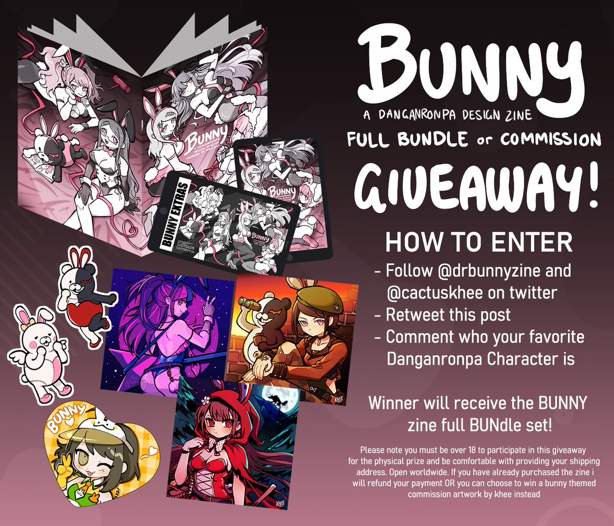 drbunnyzine's tweet photo. GIVEAWAY🐰 BUNNY BUNdle OR Commission Prize!
How to Enter:
- follow @drbunnyzine and @cactuskhee 
- retweet this post (qrt doesnt count)
- comment who's your fav danganronpa character
Winner will be picked at the end of Preorders Closing!!
Good Luck! 💛 https://t.co/hAzp3JUomk