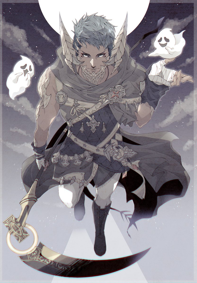 avatar (ff14) au ra male focus 1boy scythe horns solo moon  illustration images
