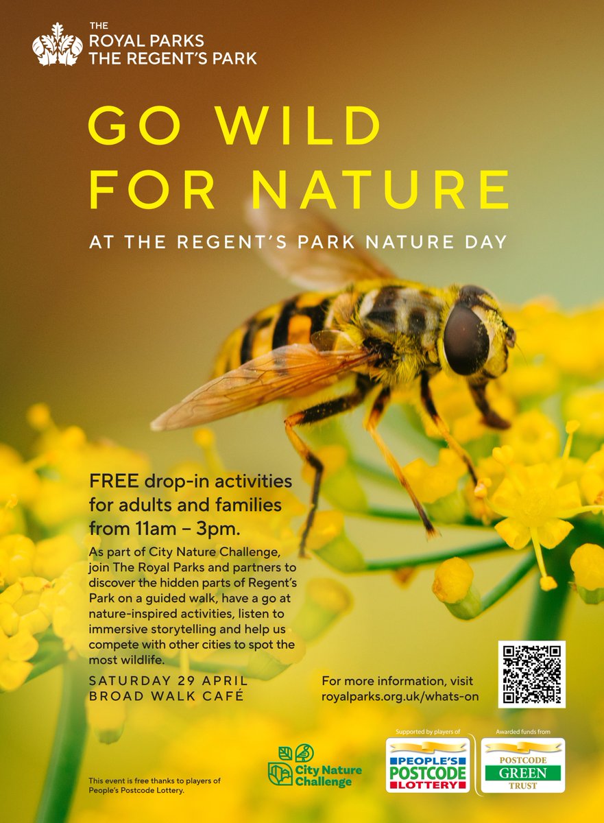Come and join our #HelpNatureThrive team in The Regent’s Park today for free nature activities for adults and families 🐦 🐝

Take part in the City Nature Challenge between 11am – 3pm. Find out more ▶️ bit.ly/3Ldxd7F.

Made possible thanks to the #PostcodeLotteryPeople.