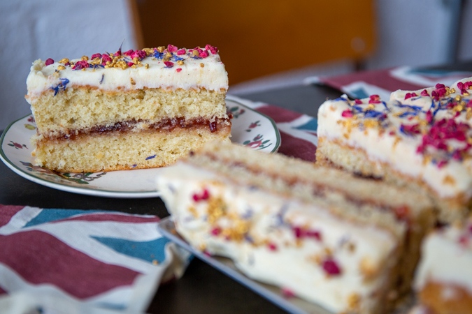 Coronation Cake 😋courtesy of the wonderful <a href="/cakesmiths/">Cakesmiths Crewe</a> 
Sponge cake filled it with plum jam, topped with buttercream frosting &amp; crowned with cornflower petals, raspberry crumb &amp; hazelnut bresilienne.

#cake #coronationday #coronationcake #bankholidayvibes #coffeeandcake