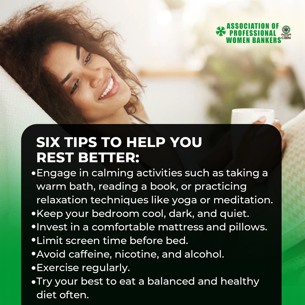 apwbnigeria's tweet image. Are you dealing with insomnia? These tips should help! 

Please share it with someone who may need it. 

#APWB #APWBNigeria #InsomniaProblems #InsomniaRelief #InsomniaHelp