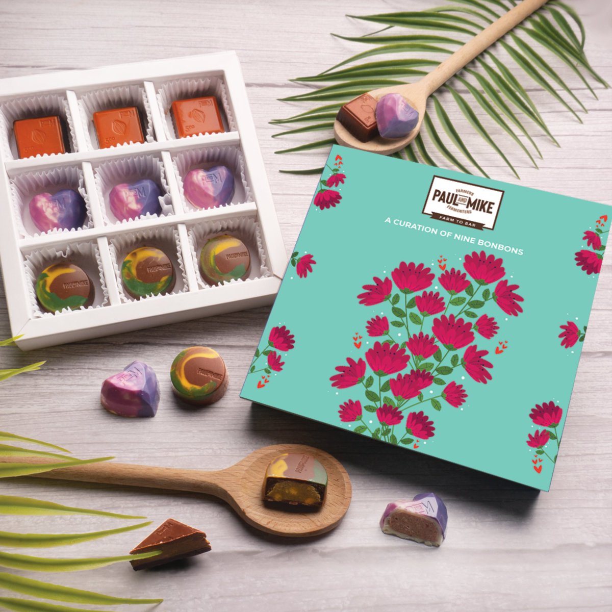 Pamper your mother with P&amp;M’s beautiful box of 9 bonbons featuring 3 unique flavours of Chilli Almond, Mango Pista and Strawberry in dark, milk, and white chocolate. Exclusively crafted with love by our chefs and designers for all mothers! Order now at paulandmike.co