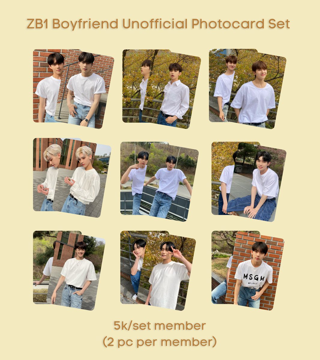 [ help rt / wts ]

ZB1 UNOFFICIAL FANMADE CGV &amp; BOYFRIEND PHOTOCARD SET 

Details:
📍 Yogyakarta 
✅ Ivory 310g
✅ 2 sisi, round corner
✅ Ukuran 8,5 x 5,5
✅ Laminasi Glossy
‼️ Hanya dijual set, tidak satuan

Interested? Scroll down untuk info lebih lanjut 👇🏻