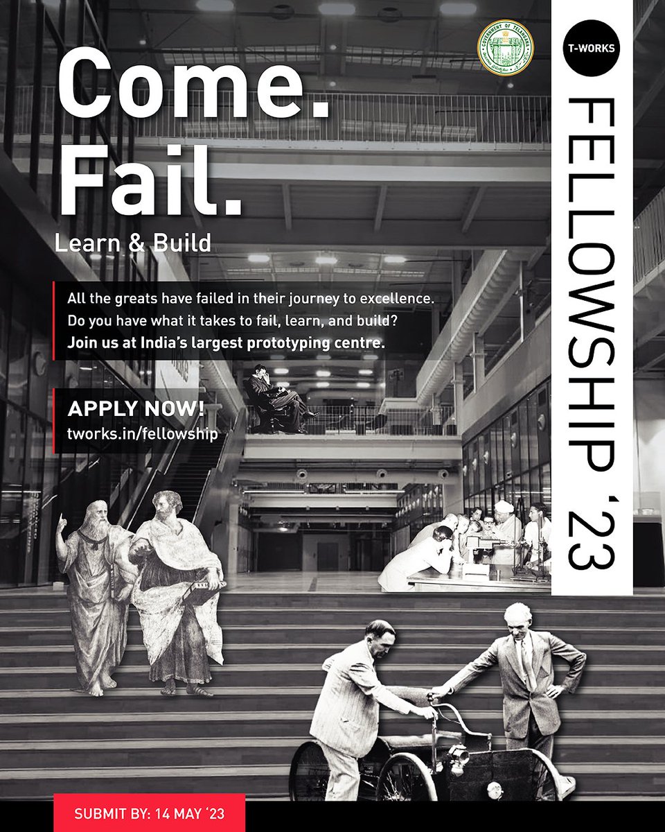 TWorksHyd's tweet photo. Do you have what it takes to fail, learn, and build?
Apply for the 12 month Fellowship to join us at India's largest prototyping centre.
Know more and apply at - https://t.co/savUJw37sH
#TWorksFellowship #BuildAtTWorks
@KTRBRS @jayesh_ranjan @KarampuriSujai https://t.co/vPEKuIsyo6