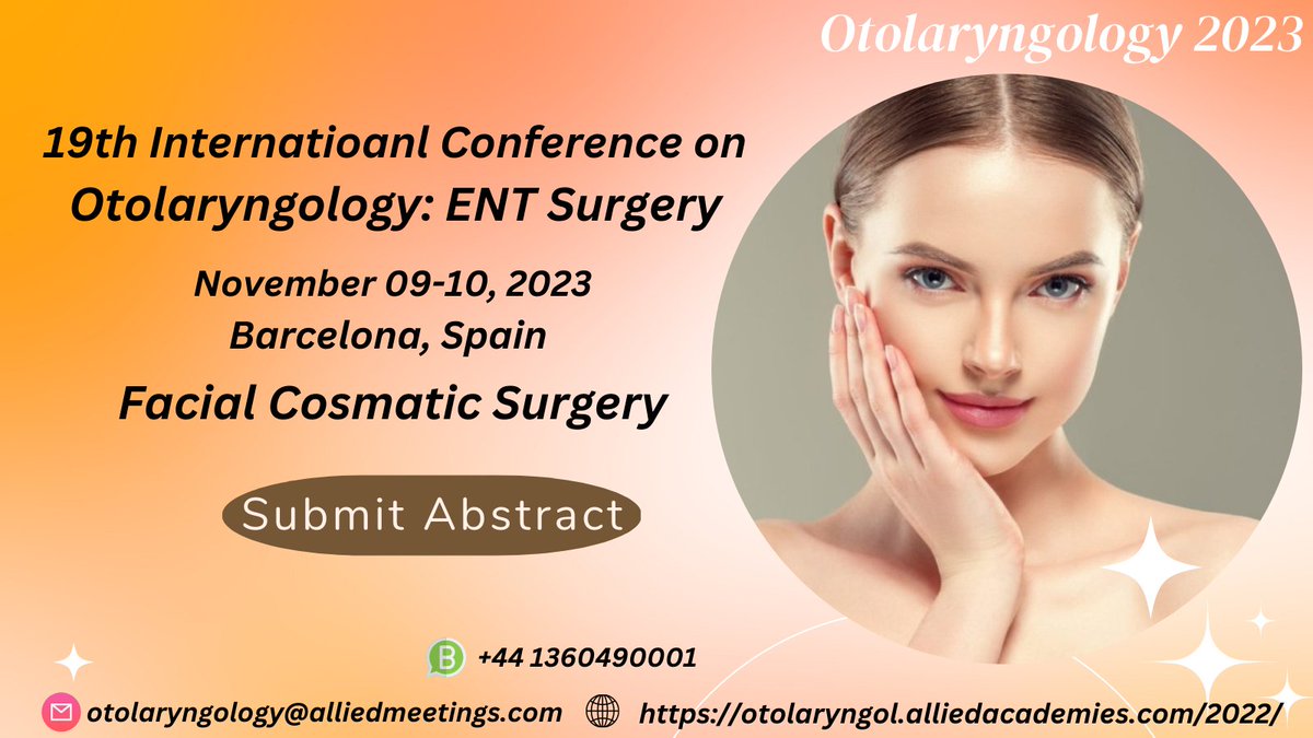 brown_nissi's tweet photo. Register for the conference and Share your research or present a poster presentation at "19th International Conference on Otolaryngology: ENT Surgery" | November 09-10, 2023 | Barcelona, Spain.
#Facial Plastic and Reconstructive Surgery #Otorhinolaryngology and Cancer #ENT . https://t.co/nKEvkfQPXQ