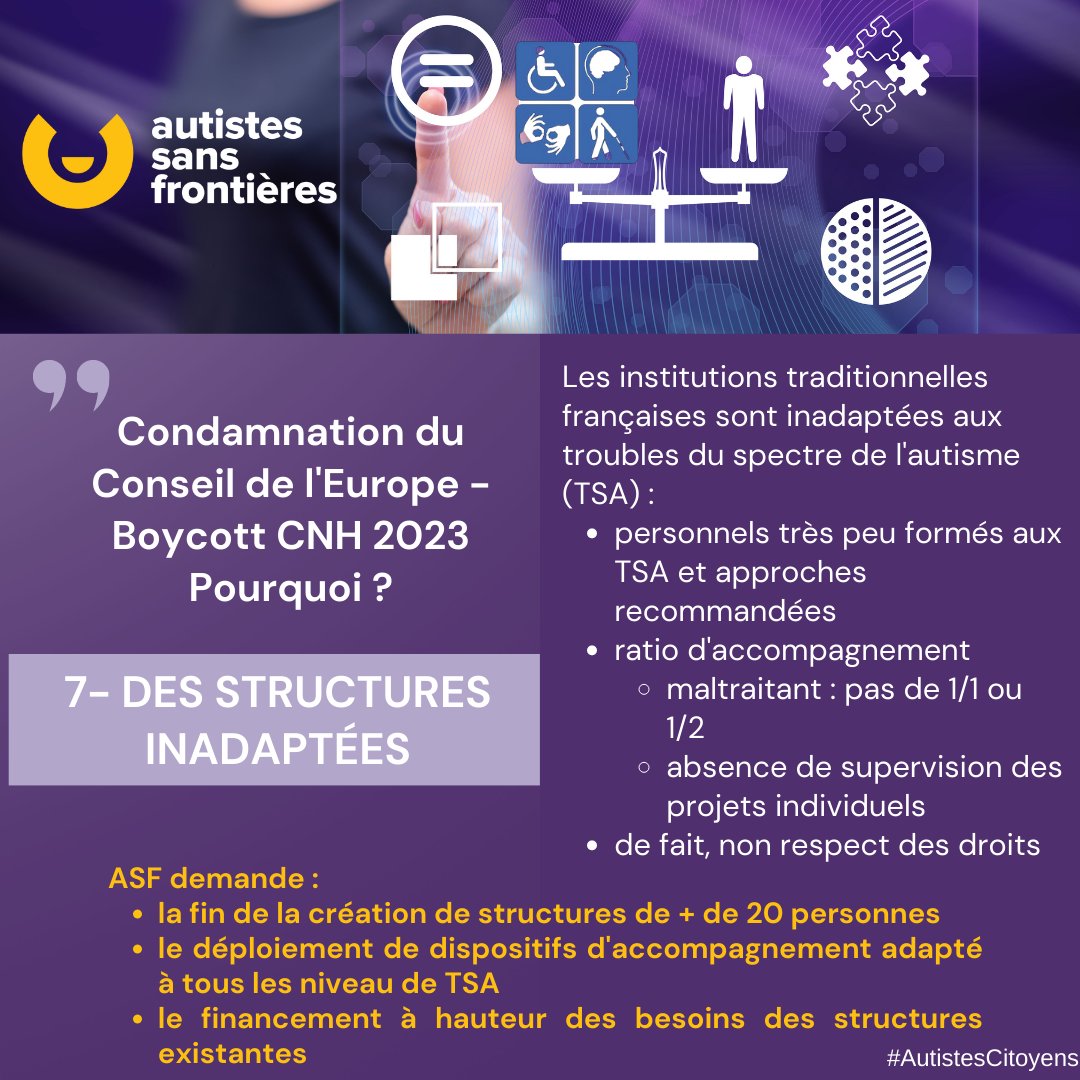 Boycott CNH du 26 avril 2023
7 raisons pour ASF - N°7 Des structures inadaptées
#AutistesCitoyens #Thinkpositive #collectifhandicaps
