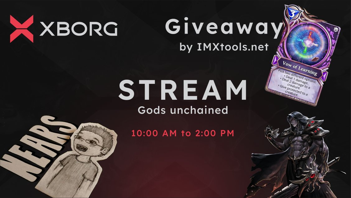 [STREAMING]🍿🎥

➡️Live ON : de 10h à 14h sur <a href="/GodsUnchained/">Gods Unchained</a> 

Combien de Victoire aujourd'hui ?🔥

🎁Vow of Learning (SHADOW)
🎉Sponso par <a href="/IMXToolsNet/">IMX Tools</a> 

📌Twitch : twitch.tv/nears_stream 

#NFTgames #NFTGiveaways #NFTgaming #Web3Game #Web3 #twitchstreamer <a href="/xborg_official/">XBorg</a>