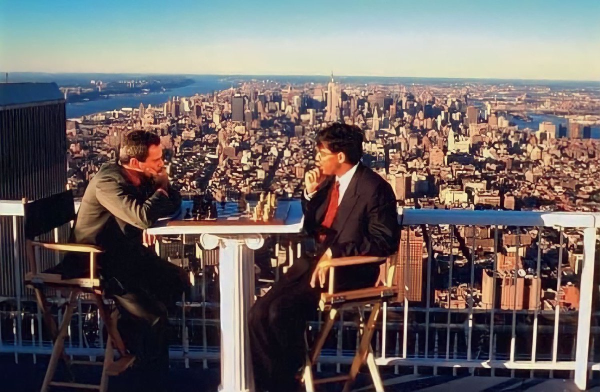 A beautiful historic photograph of Garry Kasparov vs Vishwanathan Anand match on the 107th floor of the World Trade Center in New York City, 1995.💜

📸: Owen Williams

#chesschampions #chess #chesslegends #fide_chess