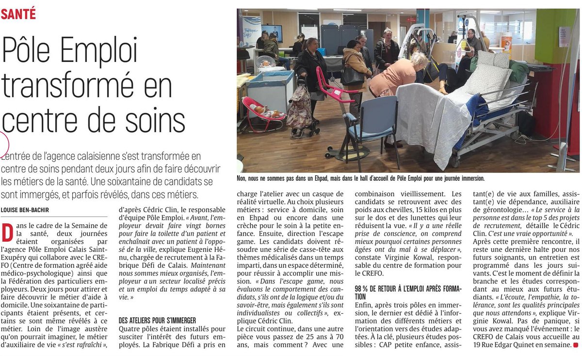 ⁦@poleemploi_HDF⁩ #Calais en partenariat avec ⁦<a href="/Crefo_Formation/">Crefo</a>⁩ ⁦<a href="/FabriqueDefi/">La Fabrique Défi</a>⁩ ⁦<a href="/fepem_HDF/">Delphine SKRZYNSKI_ Responsable Régionale HDF</a>⁩ #immersion : métiers du soin et de l’accompagnement 👀 #Attirer #Innover #Former #Recruter ⁦@FredericDanel⁩ ⁦<a href="/Nordlitt/">Nord Littoral</a>⁩ ⁦<a href="/BrigBourguignon/">Brigitte Bourguignon</a>⁩