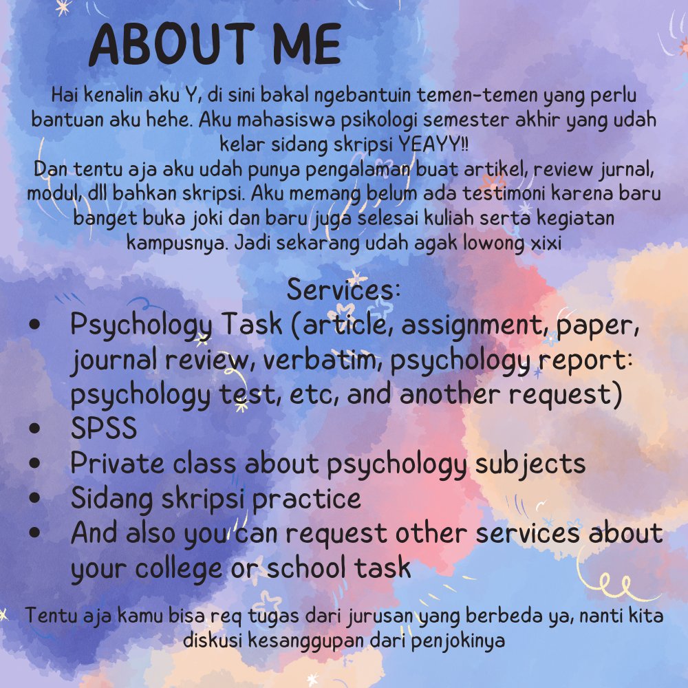 loeyyys__'s tweet photo. Halo semuanya! Karena aku baru aja lulus sidang skripsi dan agak lowong, aku open joki tugas dan lainnya yaa, aku spesialis soshum dan psikologi. So, feel free to ask me on dm!🫶🫶#zonauang #jokitugas #zonaba https://t.co/Pj3ACuTn7w