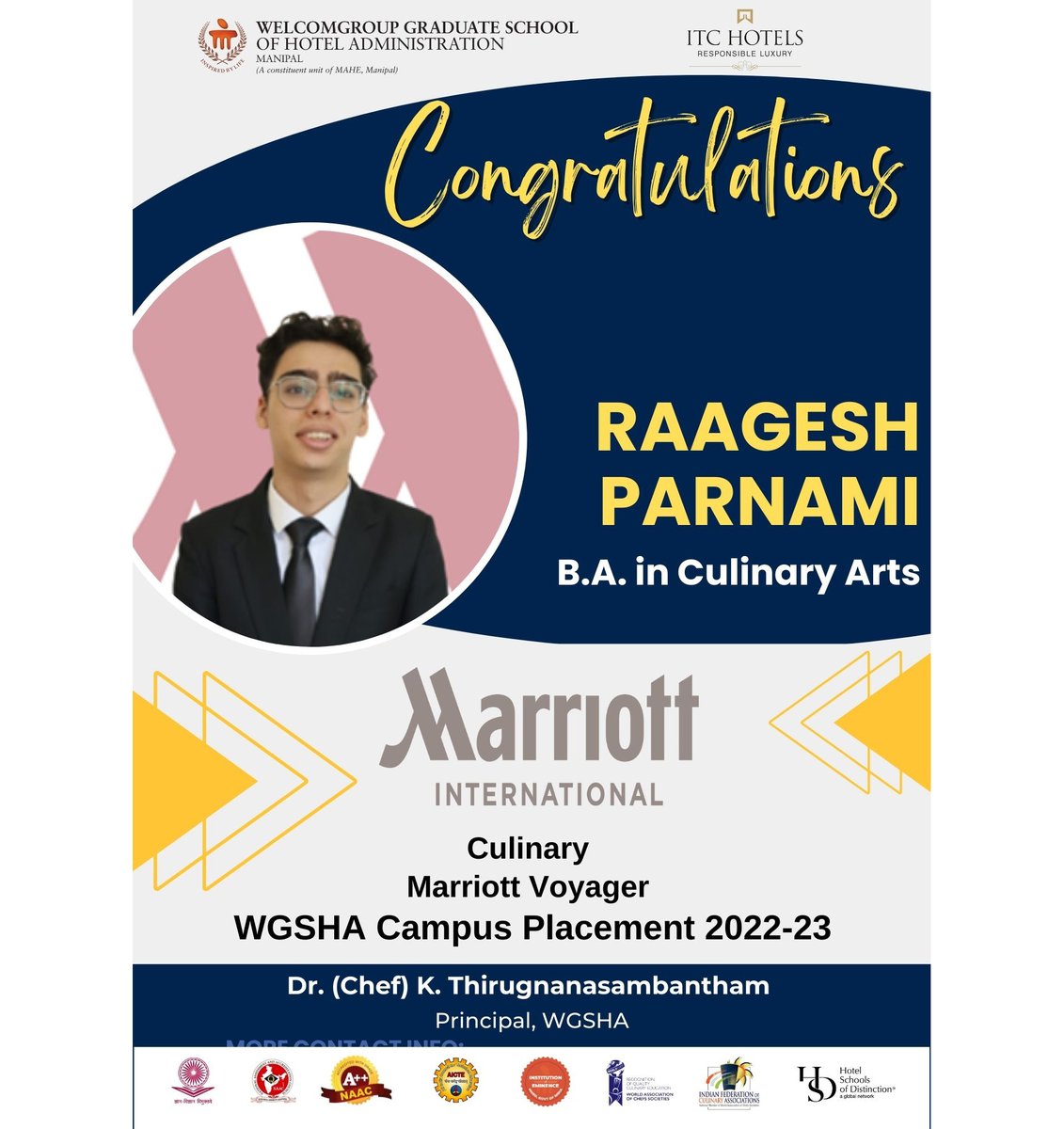 WManipal's tweet photo. #placement Congratulations Mr. Raagesh Parnami on his successful placement in WGSHA Placement Drive2023 for #Culinary at #marriottvoyager2023
@ThiruChef
@MAHE_Manipal @ITCHotels @ITCCorpCom #StudentsofWGSHA #hospitalityindustry #marriottinternational #MAHE #manipal https://t.co/rckbcakrfQ