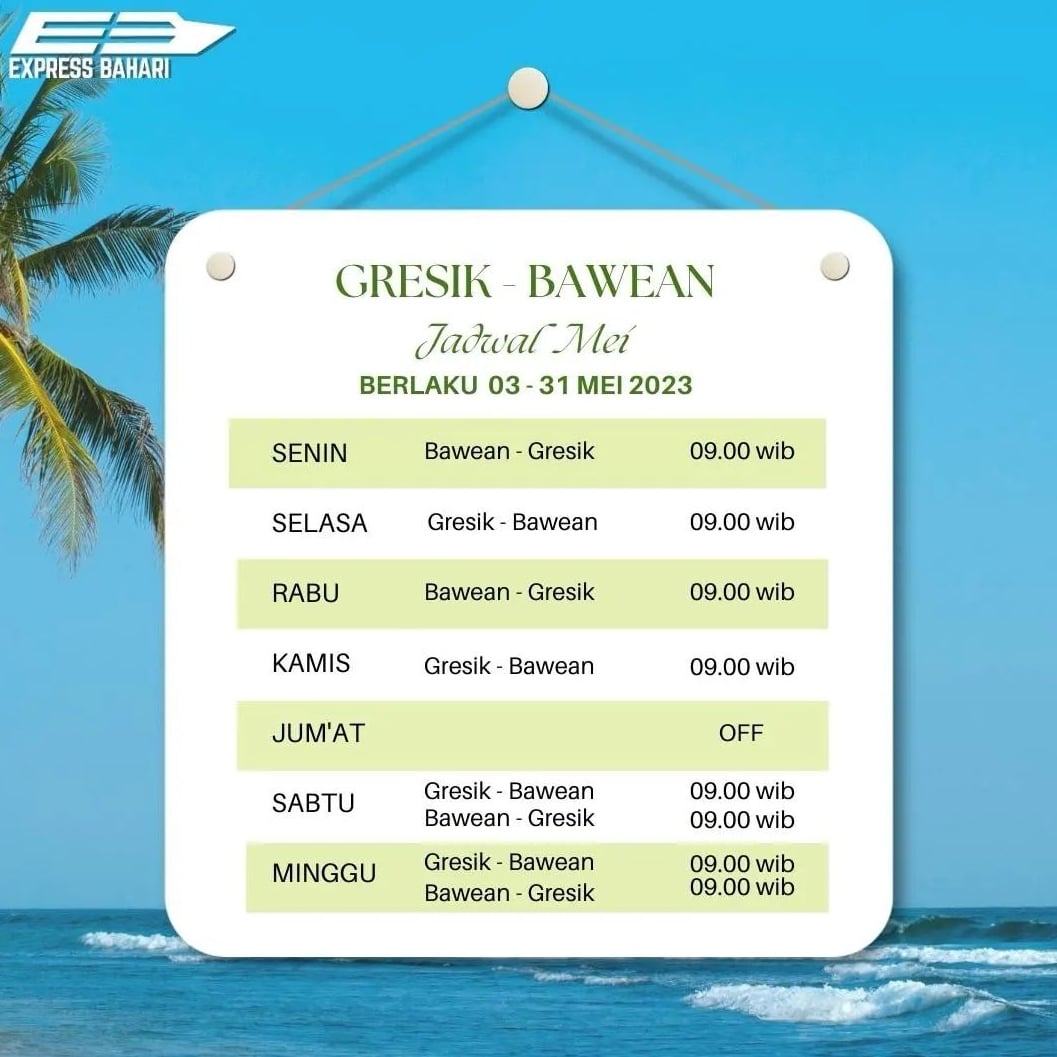 Update jadwal kapal cepat Express Bahari mulai tanggal 3-31 Mei 2023.