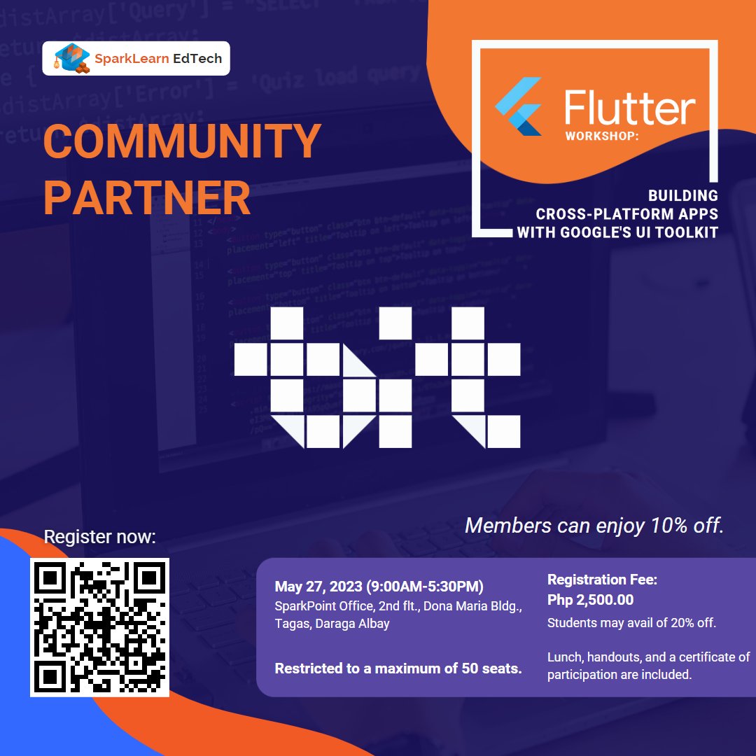 SparkLearnET's tweet image. Excited kami na ipakilala sa inyo ang aming mga community partners para sa #FlutterWorkshop! 🤝

Siyempre, laging nakasuporta ang @bicolit. #IT education din ang kanilang tinatrabaho para sa Bicol region kaya swak ang #partnership na ito.