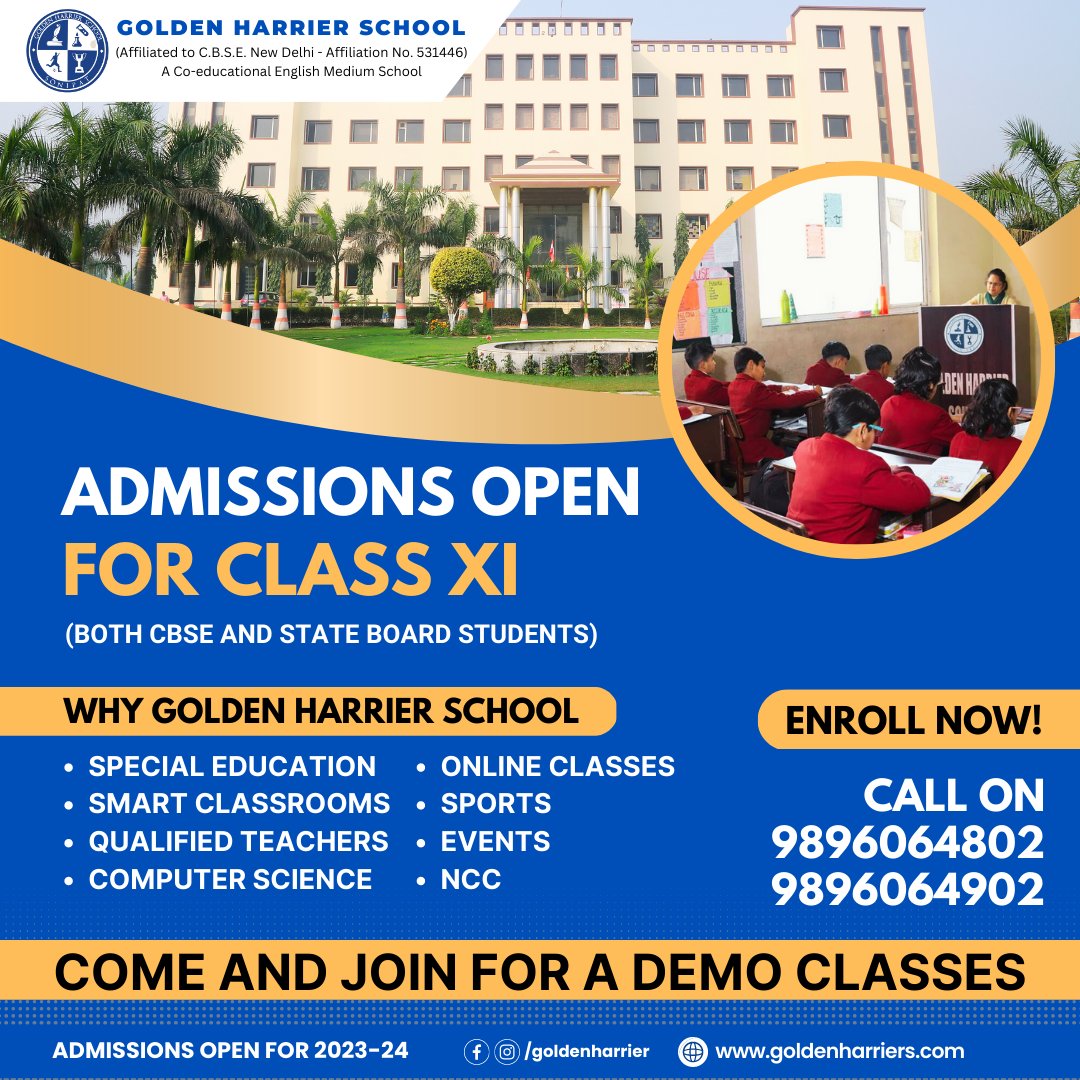 harrier_golden's tweet image. Step into a world of knowledge and opportunity! Admissions are now open for Class 11 at Golden Harrier School. Join our free demo class and experience the difference.
For Admissions Details:
Call: +𝟗𝟏 𝟗𝟖𝟗𝟔𝟎𝟔𝟒𝟖𝟎𝟐, +𝟗𝟏 𝟗𝟖𝟗𝟔𝟎𝟔𝟒𝟗𝟎𝟐
#Class11 #DemoClass